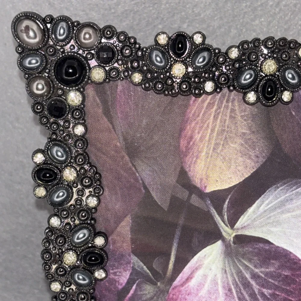 Ornate Jeweled Metal Picture Frame 5‎ X 7 Rhinestones Faux Onyx Silver Tone EUC